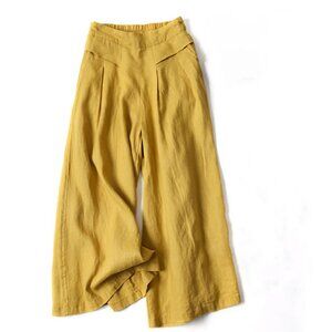 Yellow ochre Buddha Stone cotton/linen Palazzo-Capri summer pants SMALL NWOT